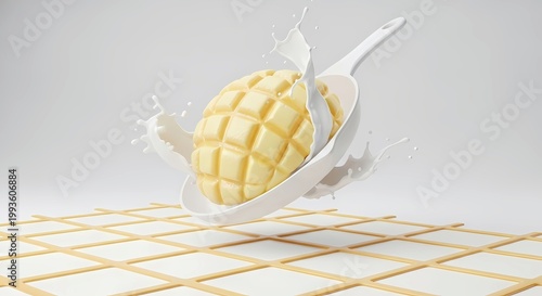luxury advertisement style, perfect melon pan with an impossibly crisp and glossy cookie-dough grid, featuring dynamic splashes of cold milk frozen in time