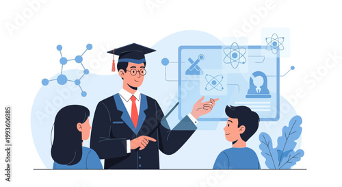 Professor teaching science to students with futuristic digital screen