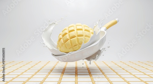 luxury advertisement style, perfect melon pan with an impossibly crisp and glossy cookie-dough grid, featuring dynamic splashes of cold milk frozen in time