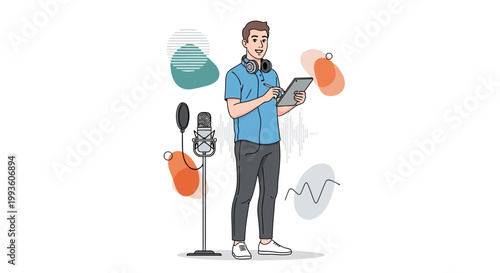 Podcaster with Microphone and Tablet, Recording Audio