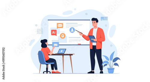 Teacher explains AI and online communication on whiteboard to student with laptop