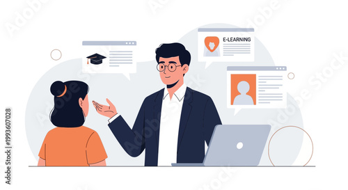 Teacher guiding student in online learning, e-learning concept, education technology