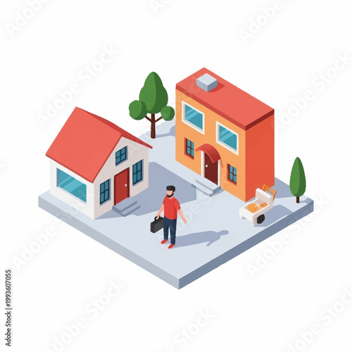 Isometric illustration of a man moving house.