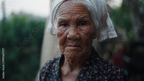 Fotografía Weathered elderly asian woman wearing traditional headscarf, expressing quiet di