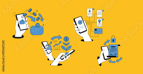 Set of mobile banking and digital finance icons, including money transfer, bill payment, investment growth, and secure contract signing