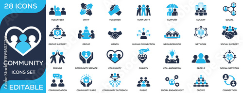 Community solid icon set featuring people, support, unity, social connection, collaboration, and outreach. Flat vector icons for social, nonprofit, and community projects.