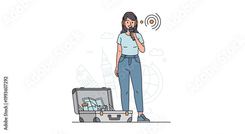 Traveler with suitcase and headphones talking on microphone, world landmarks background