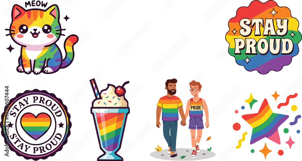 Fototapeta premium Cute rainbow cat meow and stay proud gay pride couple with rainbow star and milkshake vector art