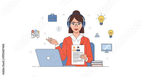 Woman HR Manager with Resume, Laptop, Headphones - Business Recruitment Concept