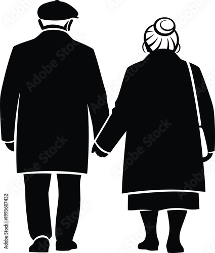 Elderly couple silhouette holding hands walking away from behind, senior love romantic relationship bonding lifetime togetherness concept vector