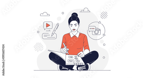Woman planning content, drawing ideas in notebook, social media icons, creative process