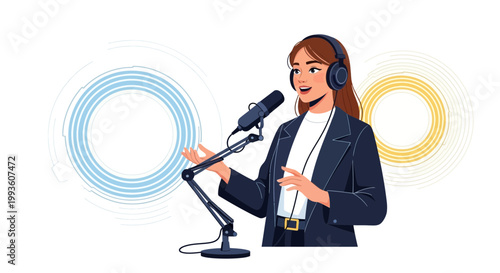 Woman Podcaster with Headphones and Microphone Recording Audio Broadcast