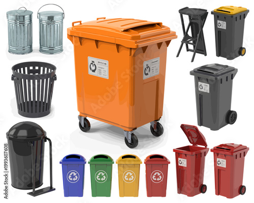 Collection of various trash cans and recycling bins for waste management purposes indoors outdoors