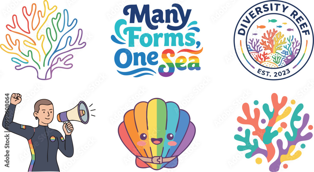 Obraz premium Many forms one sea rainbow colors marine diversity coral reef elements