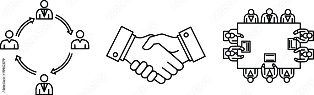 Obraz premium Business Collaboration and Teamwork Line Icon Set Featuring Partnership Handshake, Team Communication Cycle, and Corporate Meeting for Professional Networking Vector Design