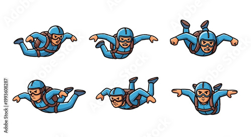 Skydiving figures in various poses isolated on white background