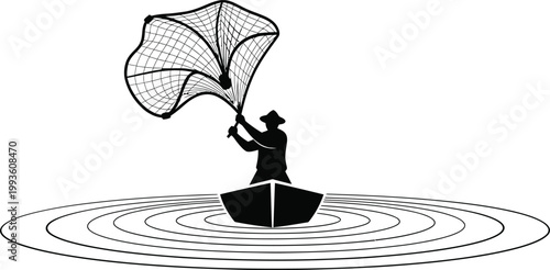 Fisherman silhouette throwing cast net from boat on water ripples, traditional fishing occupation river lake concept vector