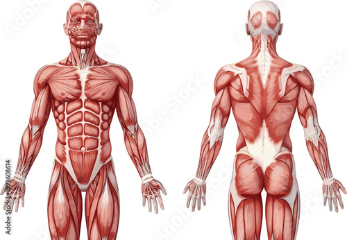 Anatomical illustration displaying the human muscular system from front and rear perspectives high quality professional detailed modern elegant stylish clean crisp