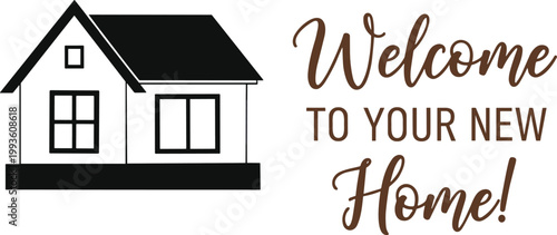 A simple black silhouette of a house is paired with decorative cursive text welcoming someone home high quality professional detailed modern