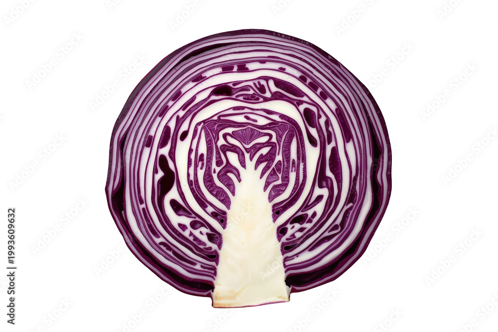Obraz premium Red cabbage slice showing vibrant purple layers, fresh vegetable cross-section on transparent background