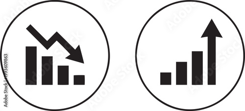 Business financial bar chart icons set showing growth progress and downward loss trends with arrow indicators for corporate data analysis and stock market.