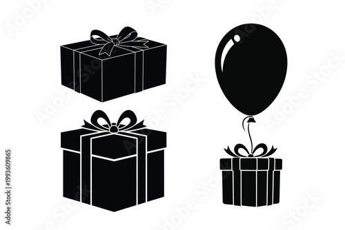 Black silhouette gift collection presents and balloon for celebrations
