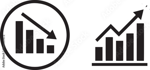 Business financial bar chart icons set showing growth progress and downward loss trends with arrow indicators for corporate data analysis and stock market.