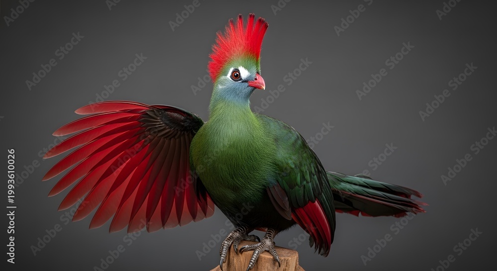 Fototapeta premium Turaco bird with vibrant red crest and wings spread against a neutral backdrop