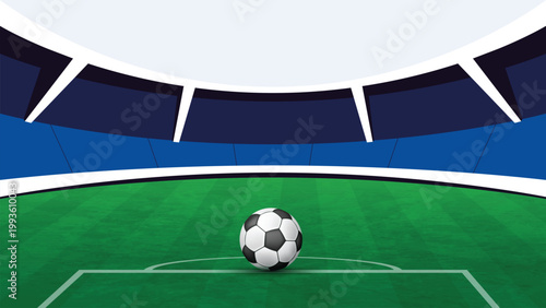 Soccer ball on green grass field in stadium background vector illustration