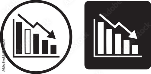 Negative business bar chart icon set showing financial loss and downward market trend with decreasing arrow for corporate data analysis and bankruptcy.