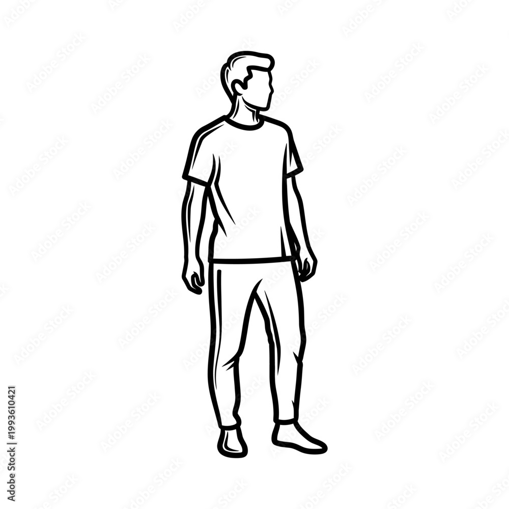 Obraz premium Minimalist line drawing of a young man standing confidently, casual attire, white background