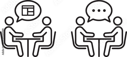 Professional business meeting icon set with people sitting at table for job interview and office discussion isolated on white background vector.