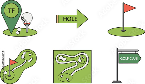 Golf Course and Club Icon Set Featuring Tee Position, Hole Direction, Flag, Course Map, and Club Sign for Sports Recreation Vector Design
