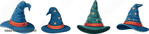 Wizard hat set, magical fantasy headwear vector illustration collection for halloween costume and game