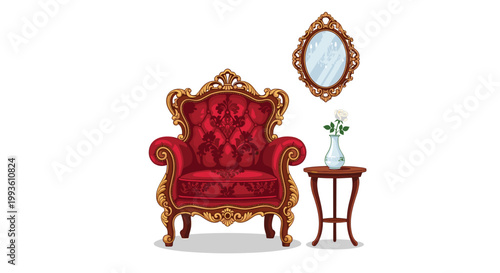 An elegant red velvet armchair with intricate gold carvings sits beside a dark wood side table on a white floor under bright and even indoor lighting.