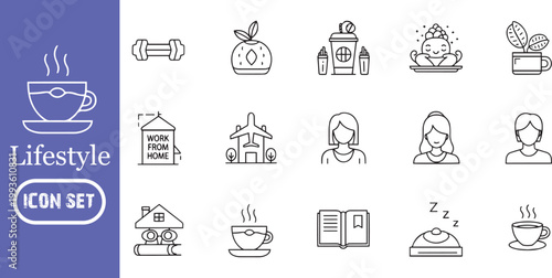 Lifestyle and Daily Routine Icon Set: Line Art Symbols for Work From Home, Wellness, Travel, Fitness, Healthy Eating, and Mental Health – Professional Vector Outline Illustrations