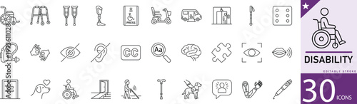 Disability line icon set for accessibility, inclusion, support, wheelchair, assistance, and special needs. Perfect for healthcare, social services, and inclusive design projects