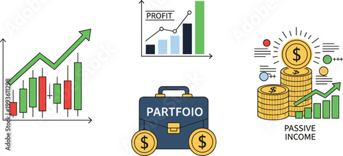 Investment and Financial Growth Icon Set Featuring Stock Market Charts, Profit Analysis, Portfolio Management, and Passive Income for Business Finance Vector Design
