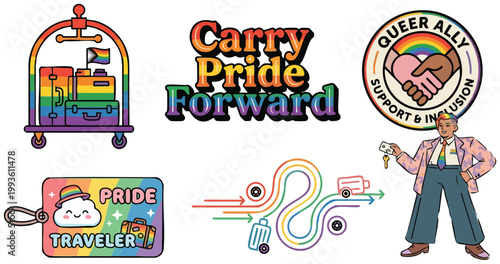 Carry pride forward colorful text with queer ally badge luggage cart and traveler tag