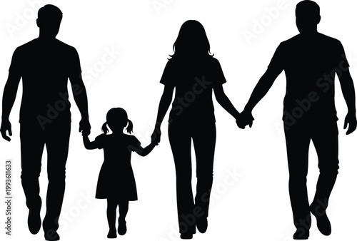 Happy family silhouette walking together two men woman holding little girl hands, blended modern family bonding concept vector