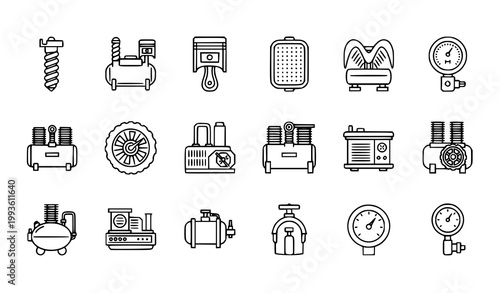 Air compressor icons set vector thin line screw piston centrifugal diesel rotary equipment pictograms isolated white background