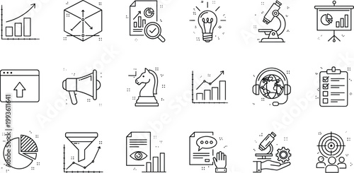 Business research data icons, analytics communication marketing graphics, scientific innovation professional symbols, corporate productivity success design, organizational illustration