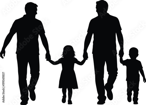 Happy family silhouette walking together, two fathers holding hands with daughter and son, LGBT pride family concept