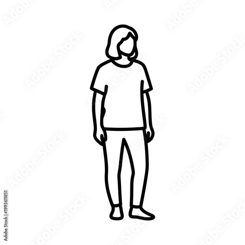 Minimalist line drawing of a person standing, casual attire, neutral pose, simple and clean design
