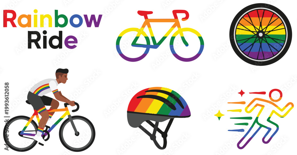Fototapeta premium Rainbow ride cycling theme with colorful bike helmet and running figure