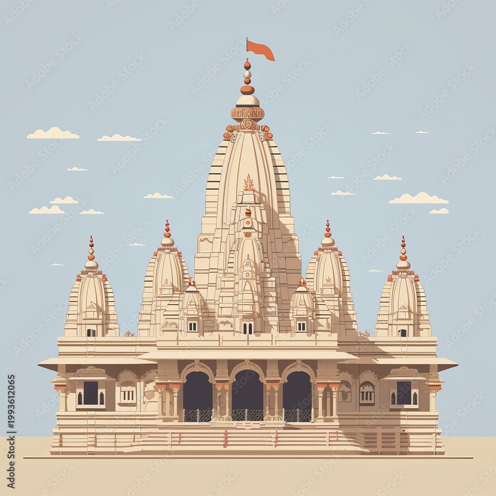 Obraz premium Intricate Hindu temple illustration showcases detailed architecture, ornate carvings, vibrant flag against clear sky.