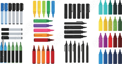 Photos Marker Pen and Highlighter Icon Set with Colorful Felt Tip Pens for Office Suppl