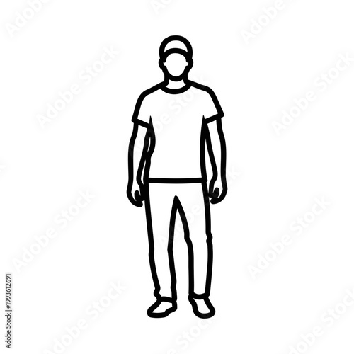 Minimalist line drawing of a man standing with hands down, wearing a cap, t-shirt, and pants