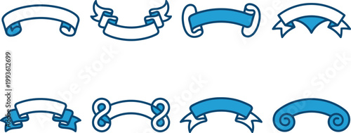 Vintage blue ribbon banners set, 8 decorative scroll vector elements, nautical heraldic frame collection for labels and certificates