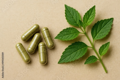 Green herbal capsules rest on a textured beige surface beside a vibrant plant stem.